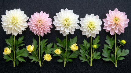 Fototapeta premium Dahlia Flowers Arrangement with Green Foliage on Black Background