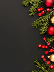 Black background with Christmas decorations and pine branches at the top. Flat lay with copy space. Decorative holiday flyer template. Christmas and New Year sale concept.