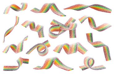 Set of rainbow sour jelly candies strips in sugar sprinkle on white background