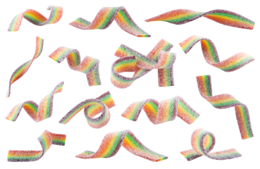 Set of rainbow sour jelly candies strips in sugar sprinkle on white background