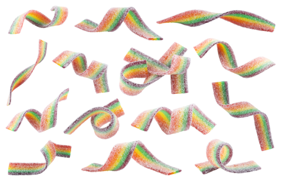 Set of rainbow sour jelly candies strips in sugar sprinkle on white background