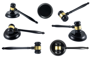 Set of a wooden judge gavel and soundboard isolated on white background.