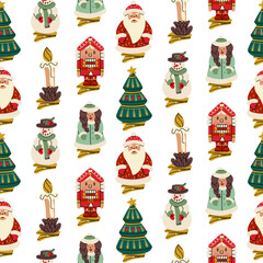 A pattern of Soviet Christmas tree toys. Glass toys with hairpins. Snowman, Santa Claus, snow maiden, nutcracker, Christmas tree, candle, illustrations in vintage colors. Festive Christmas texture