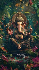 Ganesha sitting on the throne, with his mouse by his side, colorful floral background, detailed illustration, full-body portrait, detailed face and eyes, smiling, smiling mouth, 
