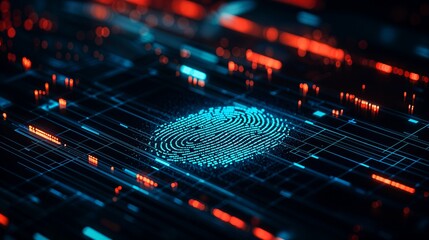 Digital fingerprint on futuristic dark interface with blue and red light elements. High tech concept for cybersecurity, biometrics and data protection visuals.