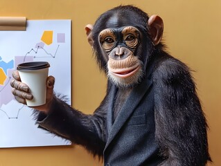 Chimpanzee Businessman Presenting Data with Coffee Cup in Suit