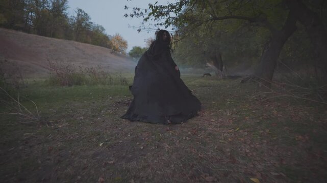 Fantasy happy woman queen running in night dusk dark forest green grass tree fog wood gothic girl witch back rear view. Black old style long dress cape waving in slow motion. Lady evil vampire art 4k