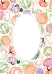 Hand drawn watercolor autumn pumpkins frame border isolated on white background. Rural illustration Can be used for postcard, label, scrapbook and other printed products.
