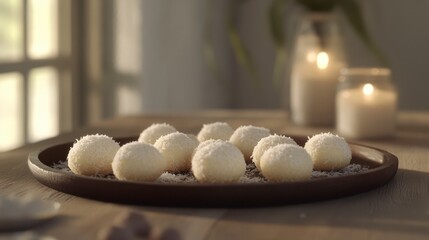 Soft Coconut Treats on Wooden Plate with Candles