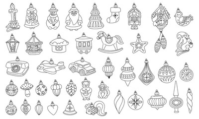 set of doodle Soviet Christmas tree toys of various objects and shapes. Glass toys. Vintage illustrations with forest motifs, objects, people, cars, balloons. Festive items for decorating Christmas