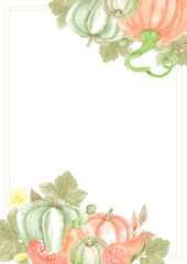 Hand drawn watercolor autumn pumpkins and leaves postcard frame border isolated on white background. Rural illustration Can be used for postcard, cover, scrapbook and other printed products.