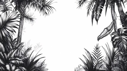 Black and white illustration of tropical plants and palm trees framing a blank space. Generative ai