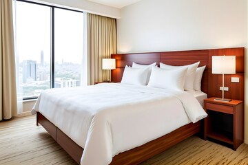 Modern hotel room with a simple clean white bedding.
