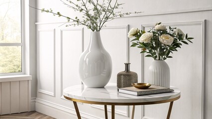 Elegant Flower Arrangement in a White Ceramic Vase Amidst a Modern Minimalist Setting with a Chic Round Side Table V3