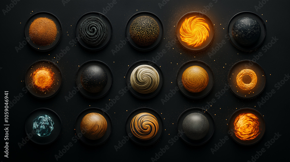 Poster stunning collection of abstract circular designs, each with unique textures and vibrant colors, resembling cosmic phenomena and celestial bodies