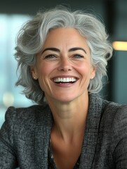 Beautiful middle aged  woman with grey hair laughing and smiling. 