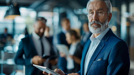 Always Busy Making Big Things Happen: Portrait of a Mature Businessman Using a Digital Tablet in an Office with Colleagues in the Background