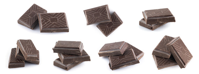 Broken chocolate. Chocolate pieces isolated. Chocolate pieces on white background as package design elements