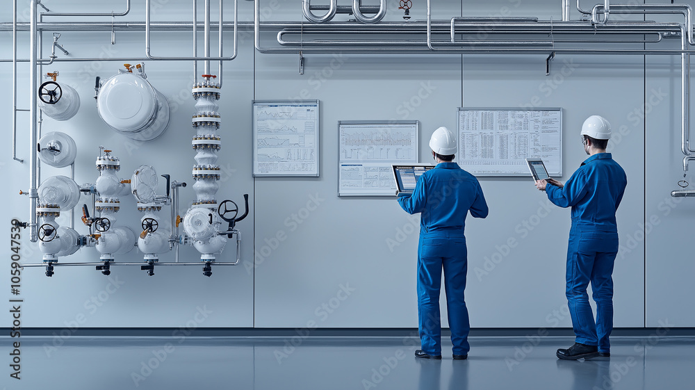 Fototapete two engineers in blue uniforms and helmets work in control room of oil refinery, analyzing data on t