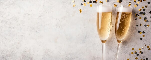 Celebration frame, champagne glasses and confetti, flat design illustration