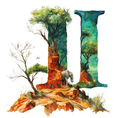 Watercolor Illustration of the Letter L with an Elephant in a Savanna Landscape