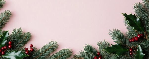 Christmas frame, holly berries and pine branches border, flat design illustration