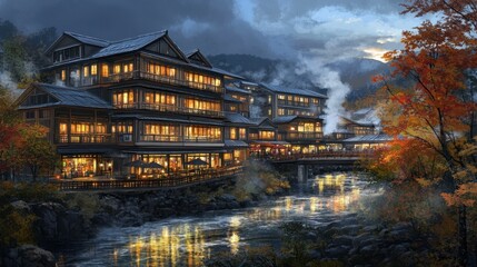 Fototapeta premium Serene Mountain Resort at Dusk with River Reflection