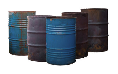 Several old rusty iron barrels isolated on white background