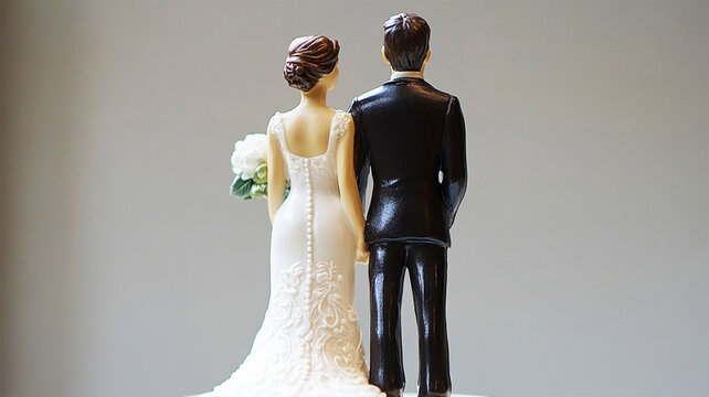 Bride and groom figures on wedding cake. Back view of groom and bride on top of cake with copy space blurry background