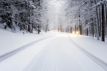 Obraz premium Cross-country skiing on a snowy trail with headlamps, surrounded by silent snow-covered woods, cross-country skiing, winter night, adventure