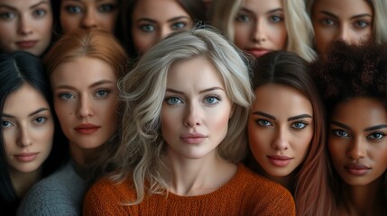 Fototapeta premium Close-Up Portrait of a Diverse Group of Young Women with Various Hair Colors and Skin Tones, Ideal for Inclusivity and Empowerment Themes