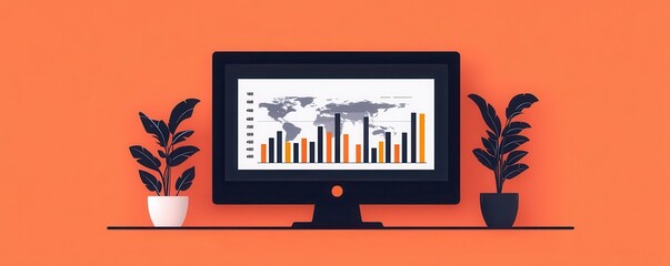 Global economy analysis, charts and graphs, flat design illustration