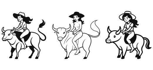 cartoon rodeo cowgirl riding bull