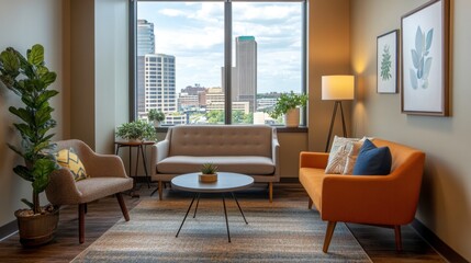 Fototapeta premium Modern Living Room with Urban View and Natural Light