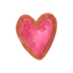 Hand drawn watercolor heart cookie isolated on white background. Can be used for postcard, label, scrapbook and other printed products.