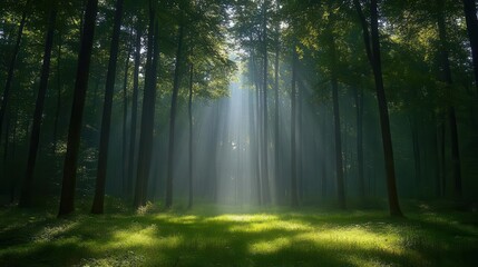 Obraz premium Light filtering through tall trees, forest energy, serene atmosphere