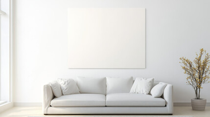 modern living room featuring blank canvas wall art above white sofa Wall art mock up, 