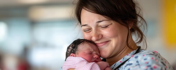 Midwife holding newborn, soft focus, mother s tearful smile, natural lighting, childbirth joy, first embrace, comforting environment