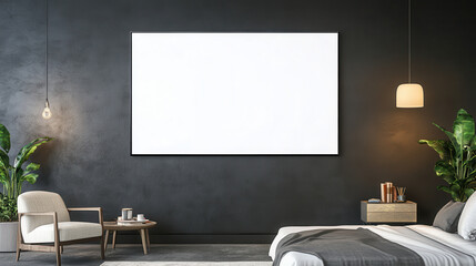 Blank white canvas wall art mock up on dark accent wall