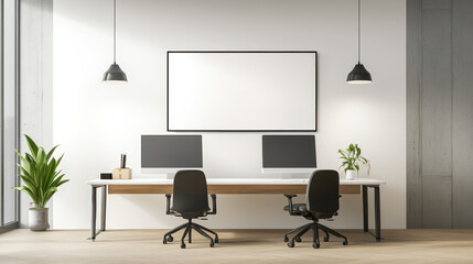 Wall art mock up, Modern office workspace with minimalistic design and blank canvas