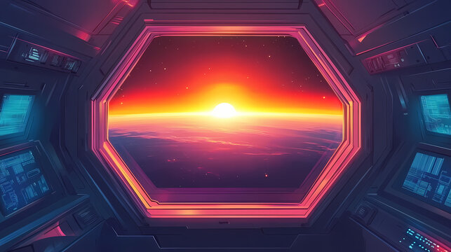 Spaceship window with sunrise over planet view, space station porthole illuminator with planetary sunset view, astronomy background concept. Spaceship Cockpit. Illustration