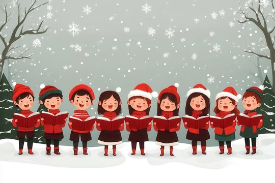 School choir performing at Christmas event, snowy backdrop, flat design illustration