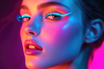 Fashion model showing neon fluorescent makeup in pink and blue light