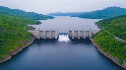 Fototapeta premium Water flowing over hydroelectric dam, powerful movement, renewable resources
