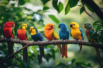 Colorful parrots perching on a branch in tropical forest