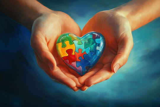 hands holding colorful hearth-shaped jigsaw puzzle, symbol of autism