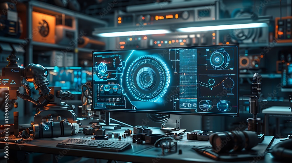 Poster a futuristic workspace featuring a high-tech monitor displaying digital data and holographic element
