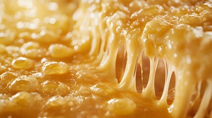 Melting mozzarella cheese pizza close-up showing stretchy pull effect, golden brown crust, extreme macro food photography with dripping cheese strings.