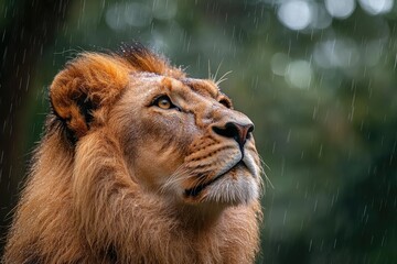 Powerful male lion with wet mane looking up in the rain