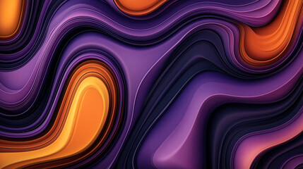 Fototapeta premium Abstract art with layered, flowing patterns in shades of purple, orange, and black creating a dynamic, liquid-like effect.
